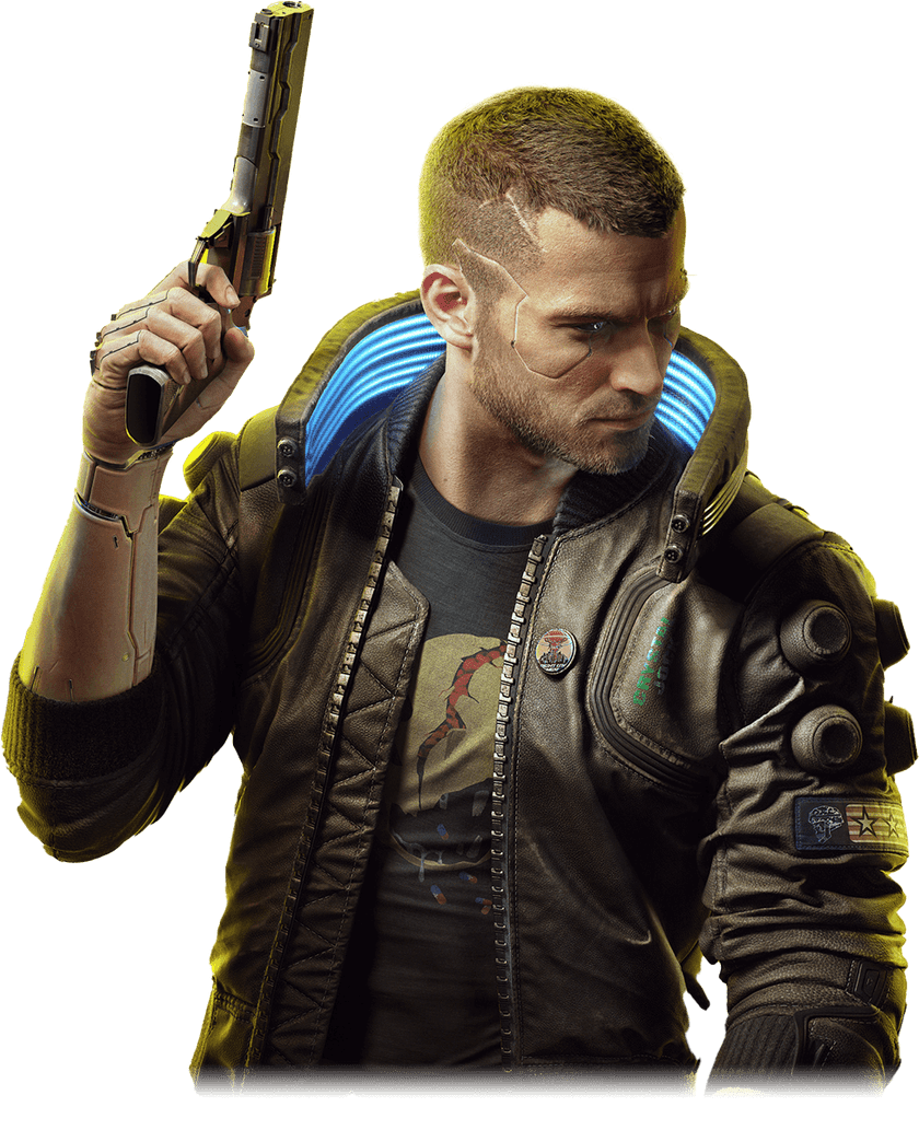 V character holding a futuristic gun